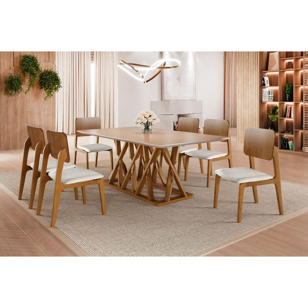 Sala de Jantar Moderna Madeira Maciça 6 Cadeiras 2,0x1,0m - Quartzo - Harmonia Salas