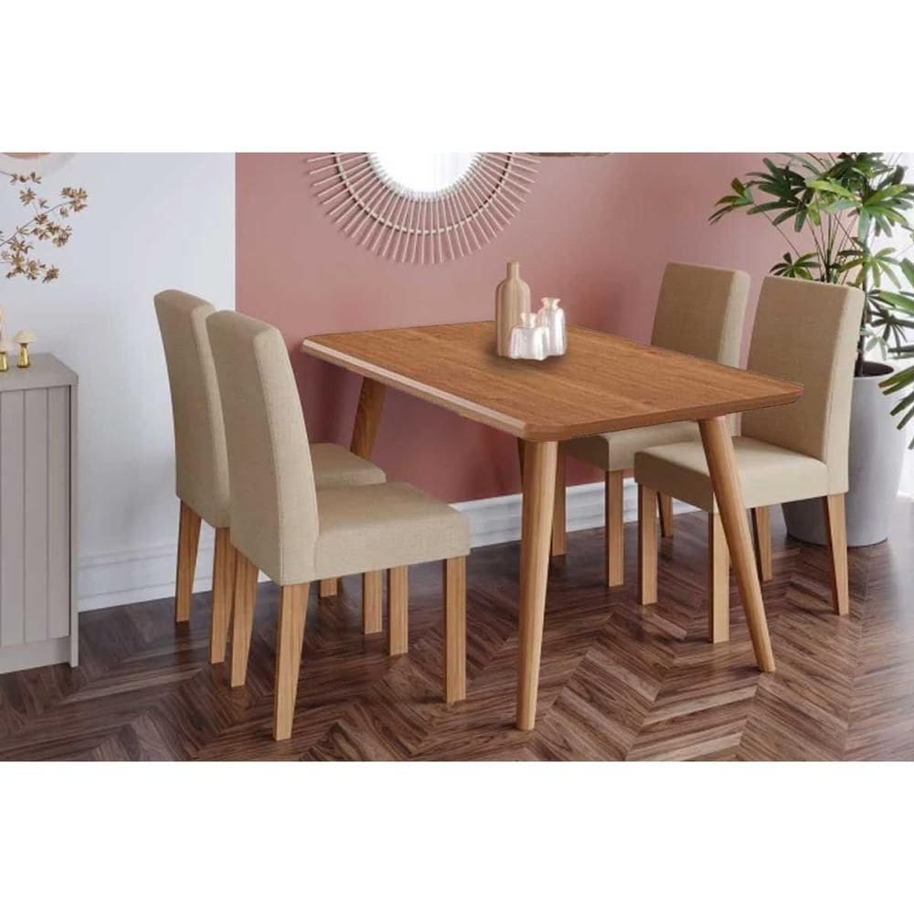 Conjunto: Mesa de Cozinha Adele Tampo Madeirado 130x80cm e 4 Cadeiras Maia Carvalho/Cinamomo - Nature/Suede Gengibre Bege - Cimol