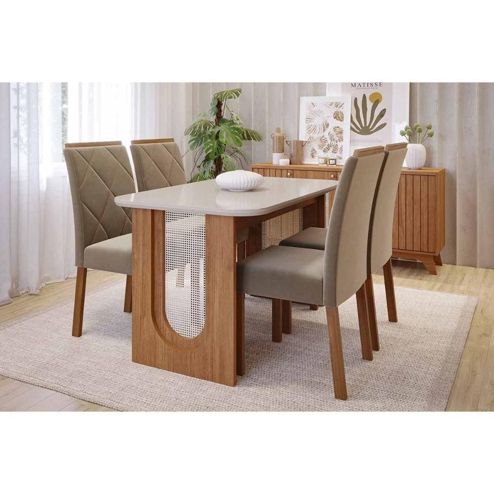 Conjunto: Mesa de Cozinha Valentina Tampo Madeirado c/ Vidro 130x80cm e 4 Cadeiras Fernanda Cinamomo/Off White - Carvalho/Linho Bege - Cimol