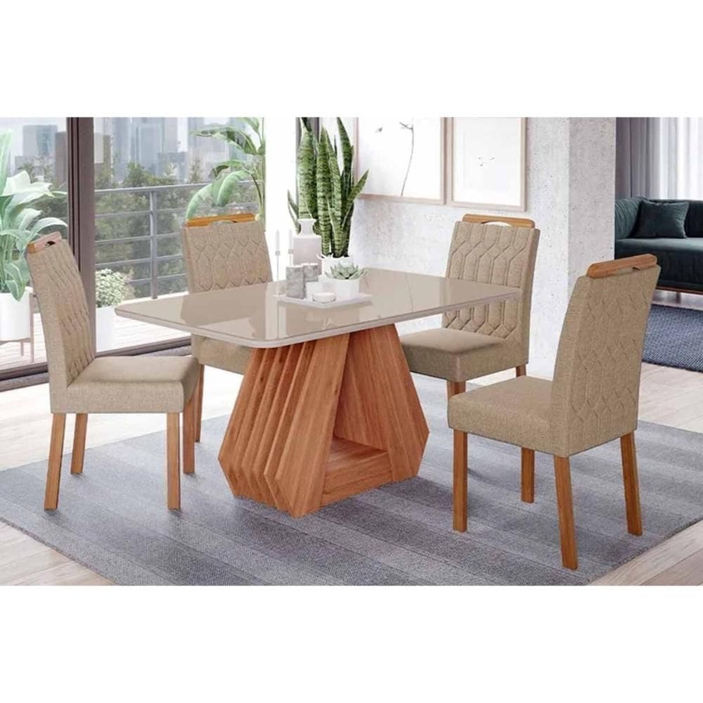 Conjunto: Mesa de Cozinha Ágata Tampo Madeirado c/ Vidro 130x80cm e 4 Cadeiras Paola Cinamomo/Off White - Carvalho/Linho Bege - Cimol