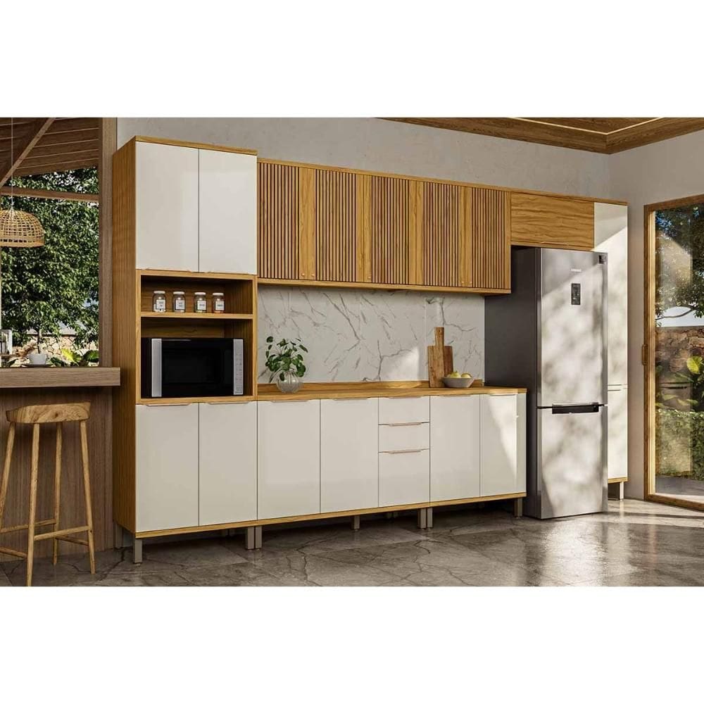 Kit Cozinha Modulada 7 Peças Sauvignon (3Aéreos+2Balcões+2Paneleiros) C7P106 Amendoa/Off White - Ronipa