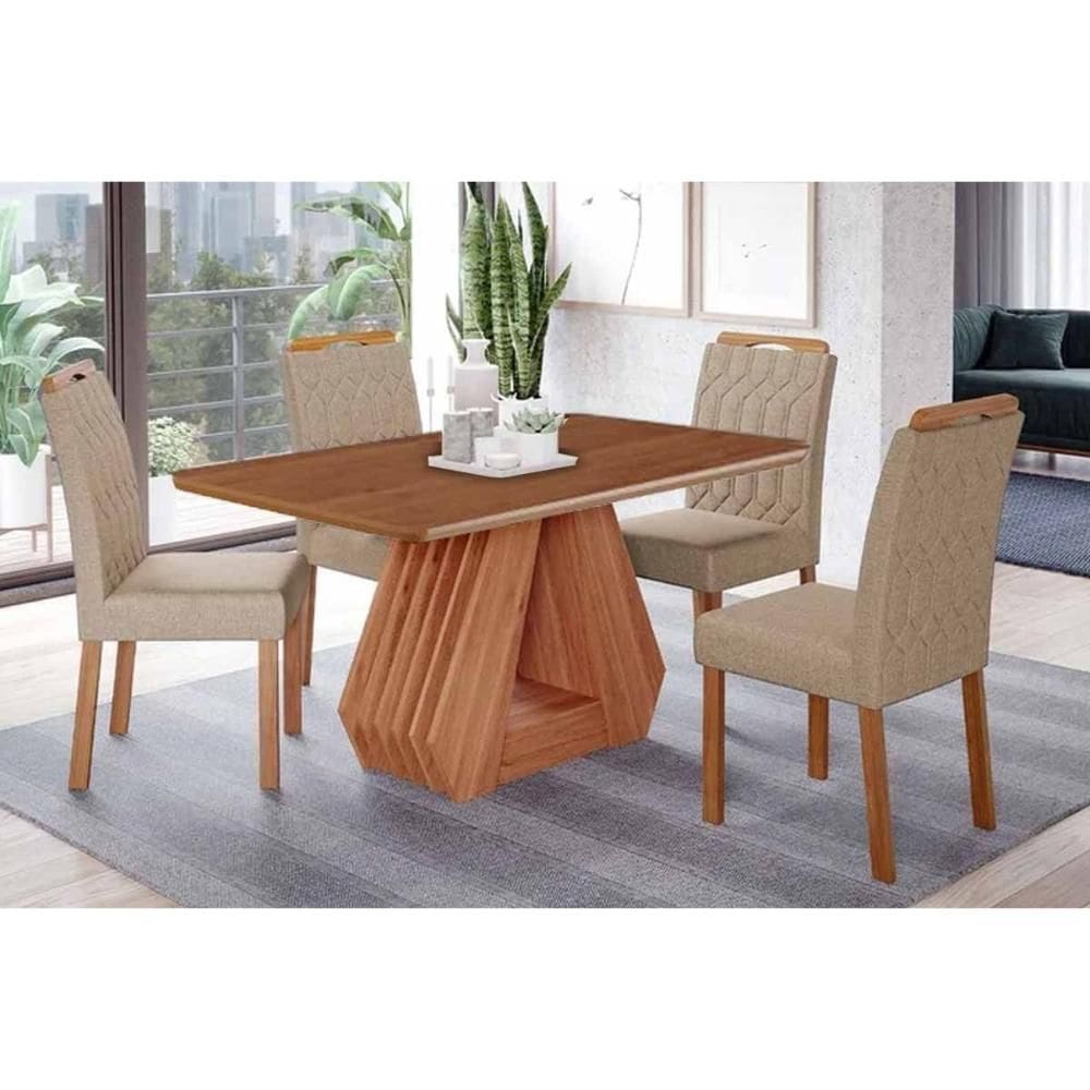 Conjunto: Mesa de Cozinha Ágata Tampo Madeirado 130x80cm e 4 Cadeiras Paola Cinamomo - Carvalho/Linho Bege - Cimol