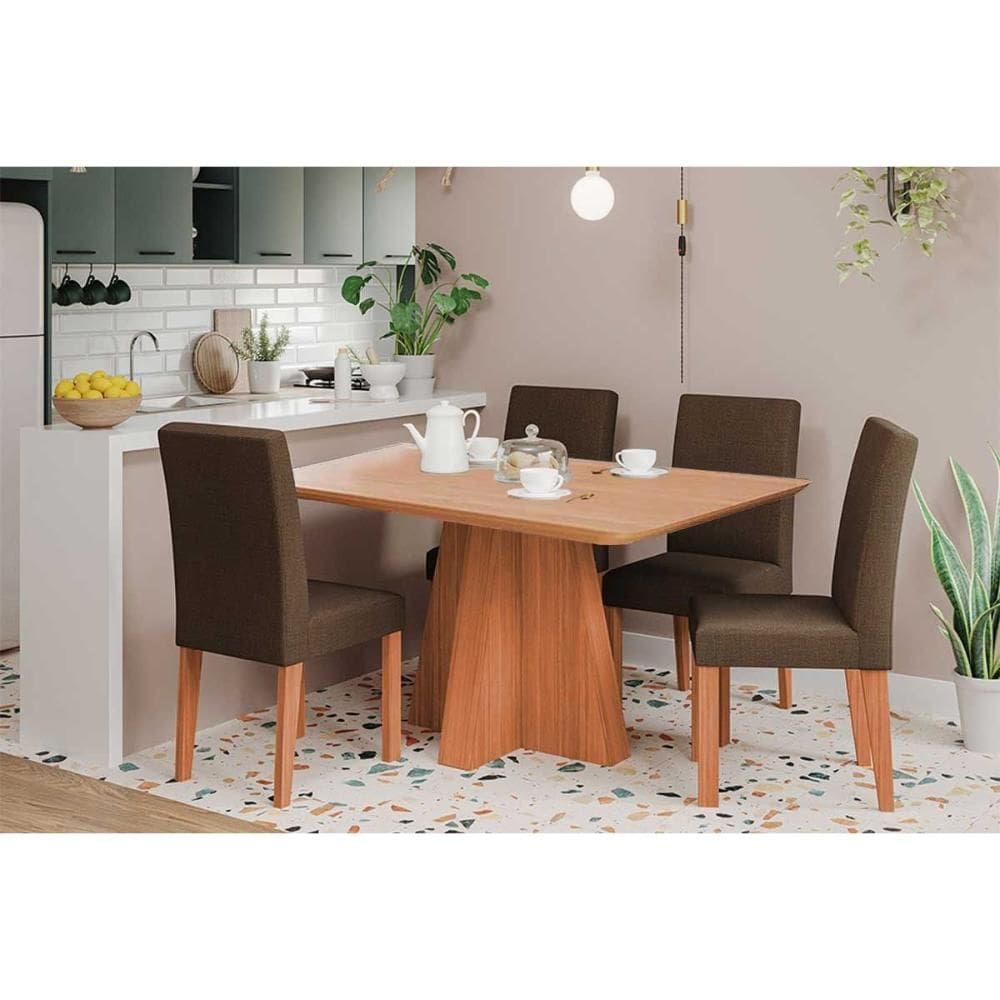 Conjunto: Mesa de Cozinha Maitê Tampo Madeirado 130x80cm e 4 Cadeiras Maia Cinamomo - Cinamomo/Suede Mascavo Chocolate - Cimol