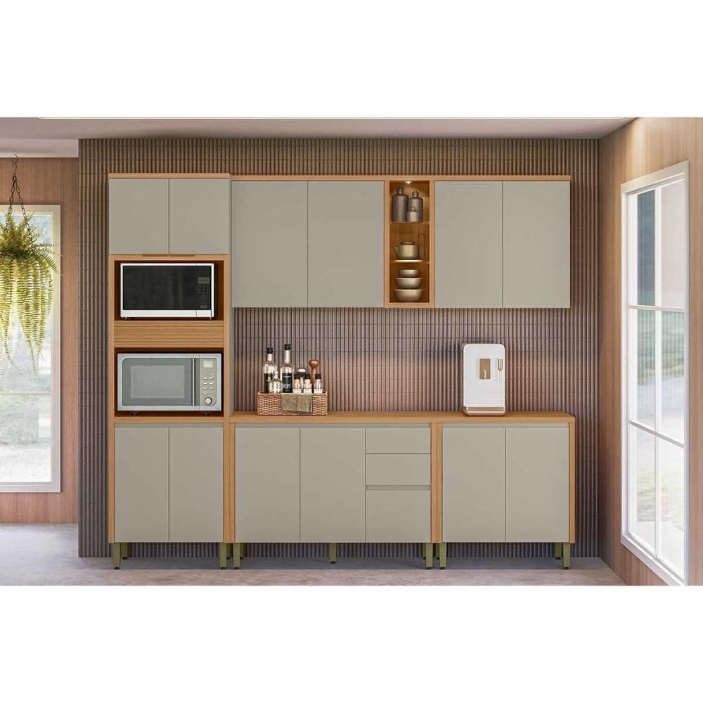 Kit Cozinha Modulada 5 Peças Allure (2Aéreos+2Balcões+1TorreQuente) CP08 Jequitiba/Gris Fosco - Linea Brasil