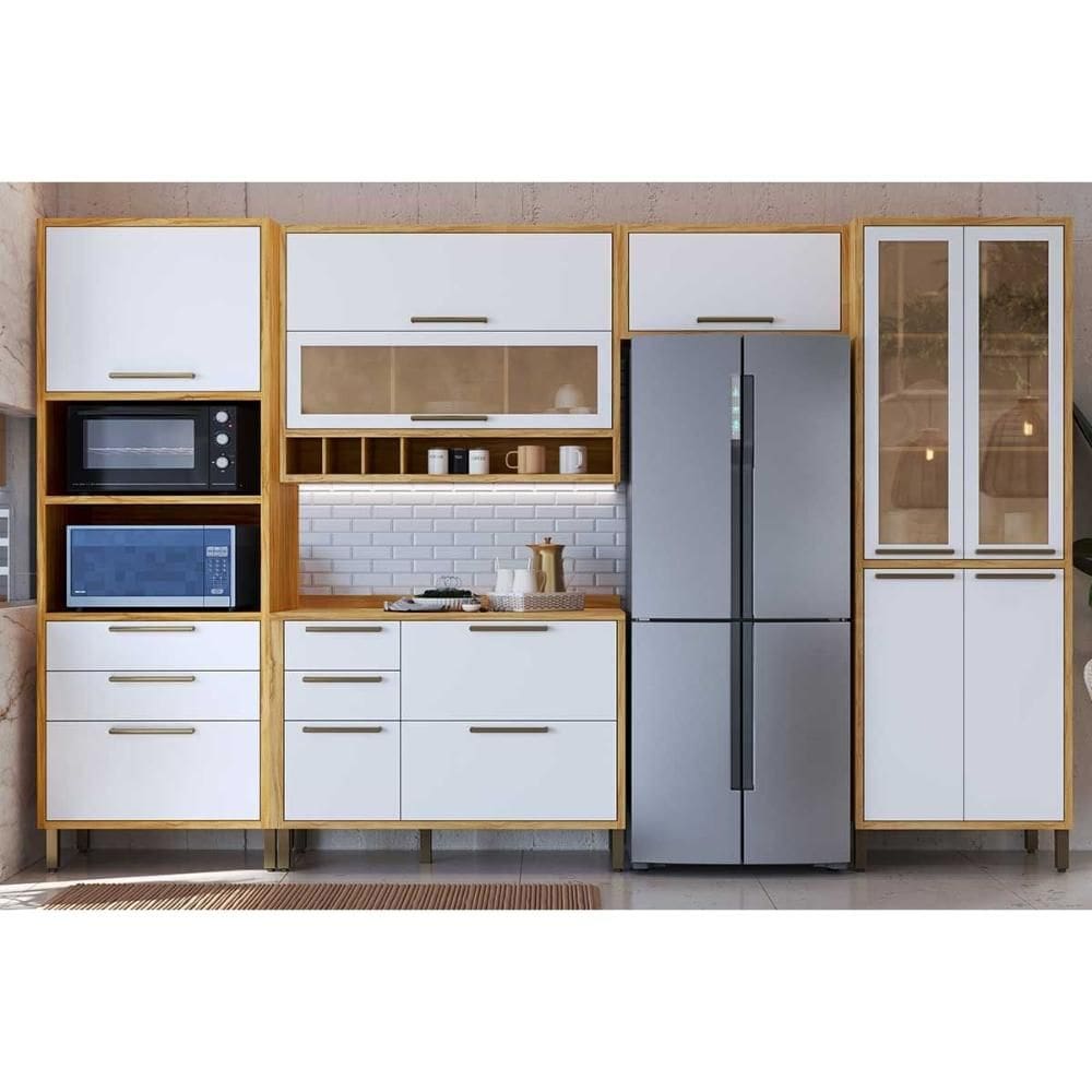 Kit Cozinha Modulada 5 Peças Syrah (2Aéreos+1Balcão+1Paneleiro+1TorreQuente) C5P149 Amendoa/Branco - Ronipa