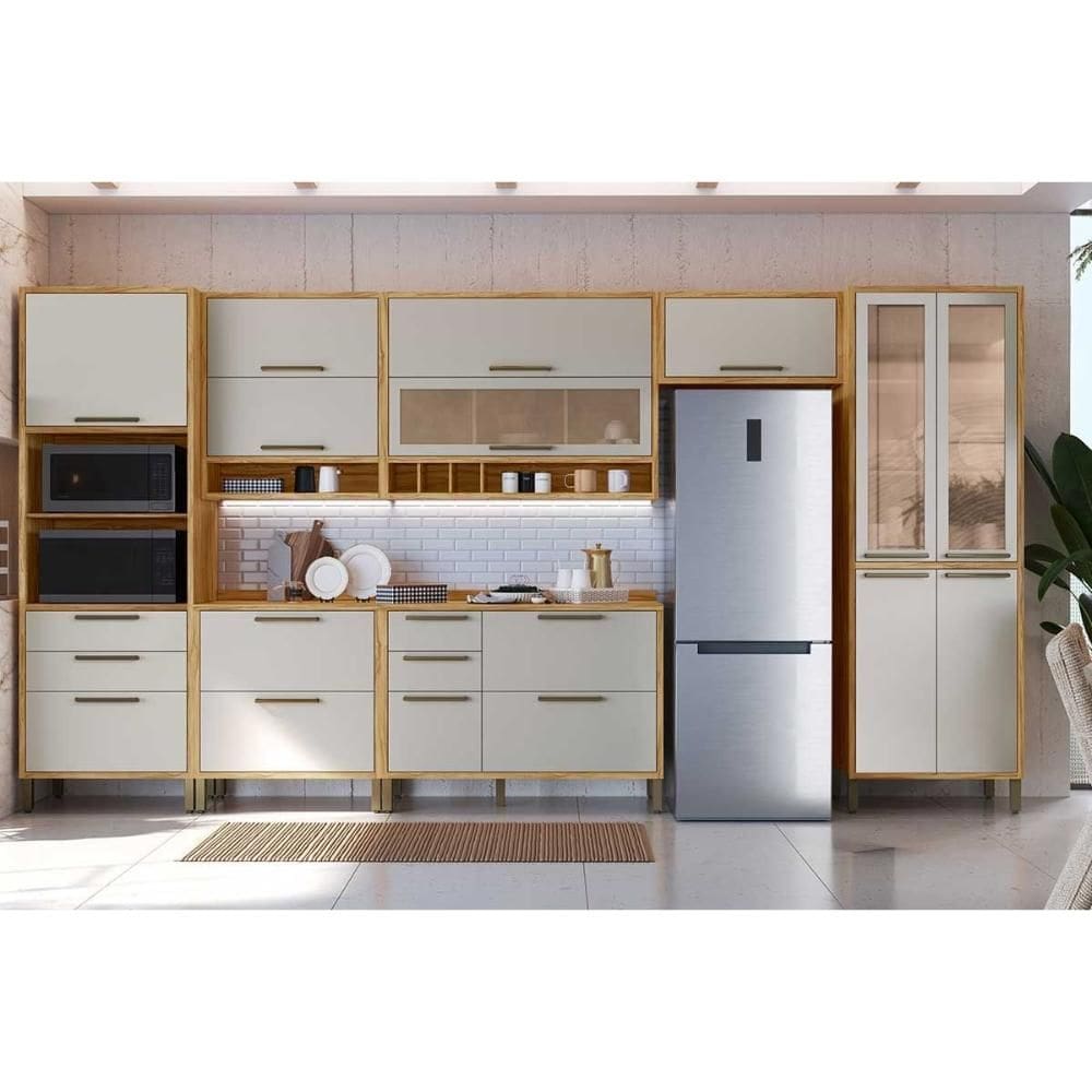 Kit Cozinha Modulada 7 Peças Syrah (3Aéreos+2Balcões+1Paneleiro+1TorreQuente) C7P102 Amendoa/Off White - Ronipa