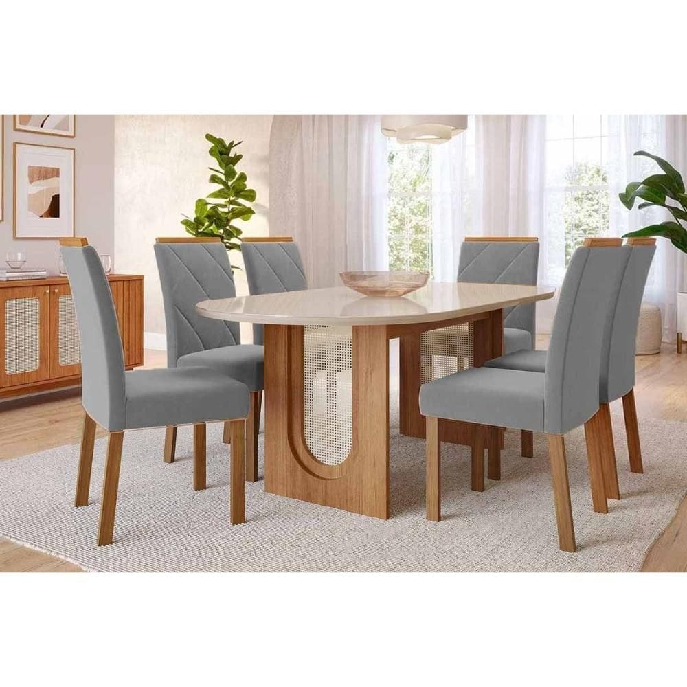 Conjunto: Mesa de Cozinha Valentina Tampo Madeirado Oval c/ Vidro 210x100cm e 6 Cadeiras Fernanda Cinamomo/Off White - Carvalho/Linho Grafite - Cimol