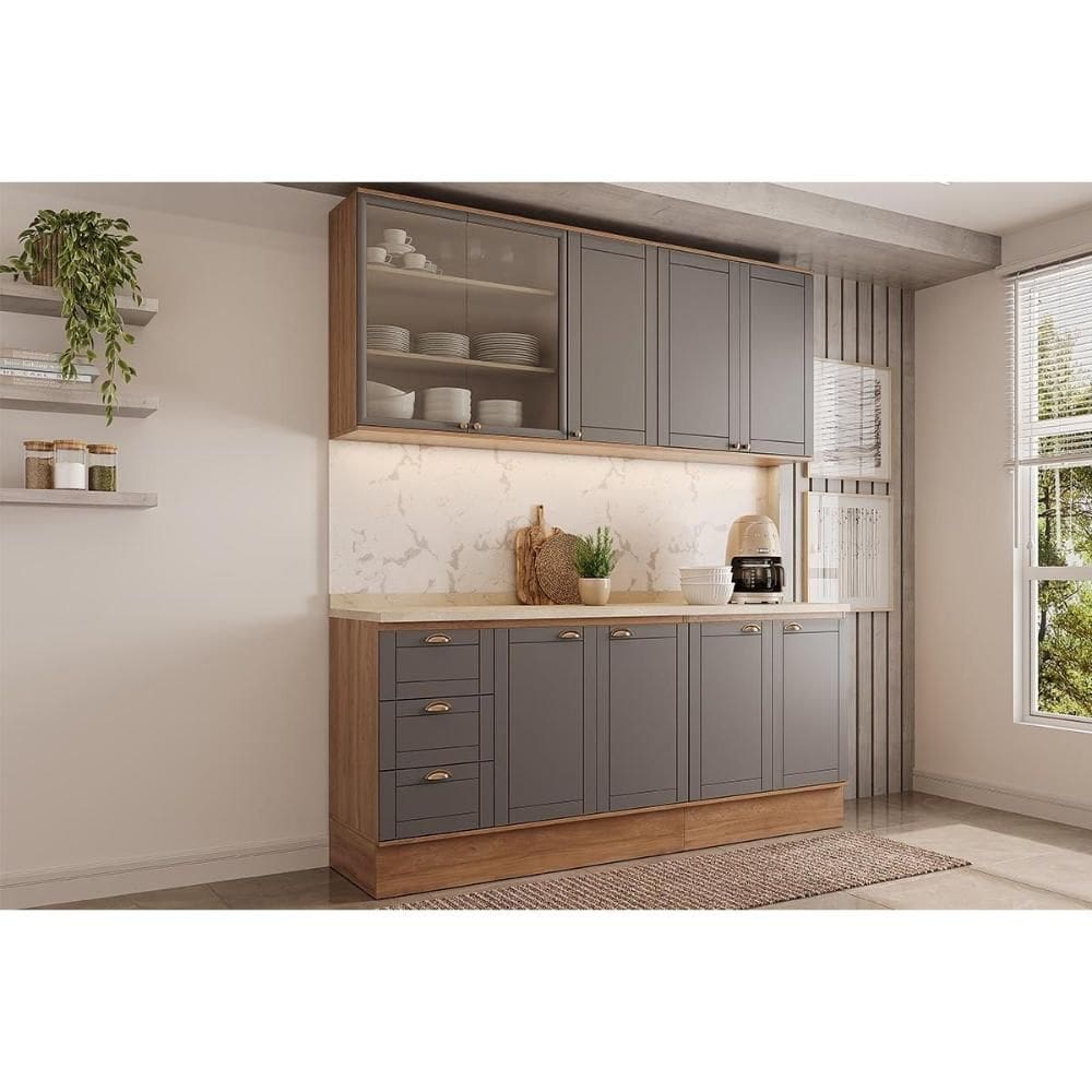 Kit Cozinha Modulada 4 Peças Bella (2Aéreos+2Balcões) C4P168 Nogal/Cinza - Carraro