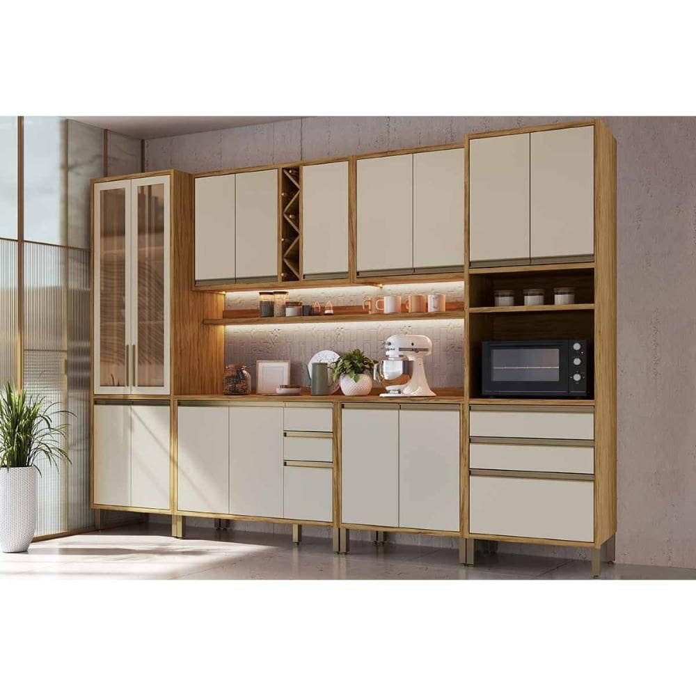 Kit Cozinha Modulada 8 Peças Tempranillo (2Aéreos+2Balcões+1Paneleiro+1TorreQuente+2Complementos) C8P82 Amendoa/Off White - Ronipa