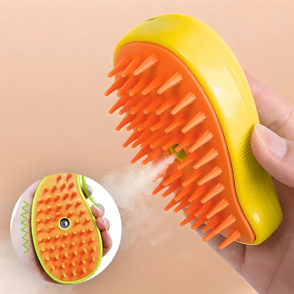 Escova Pet Autolimpante AMARELO Vapor Spray Pelo Gato e Cão