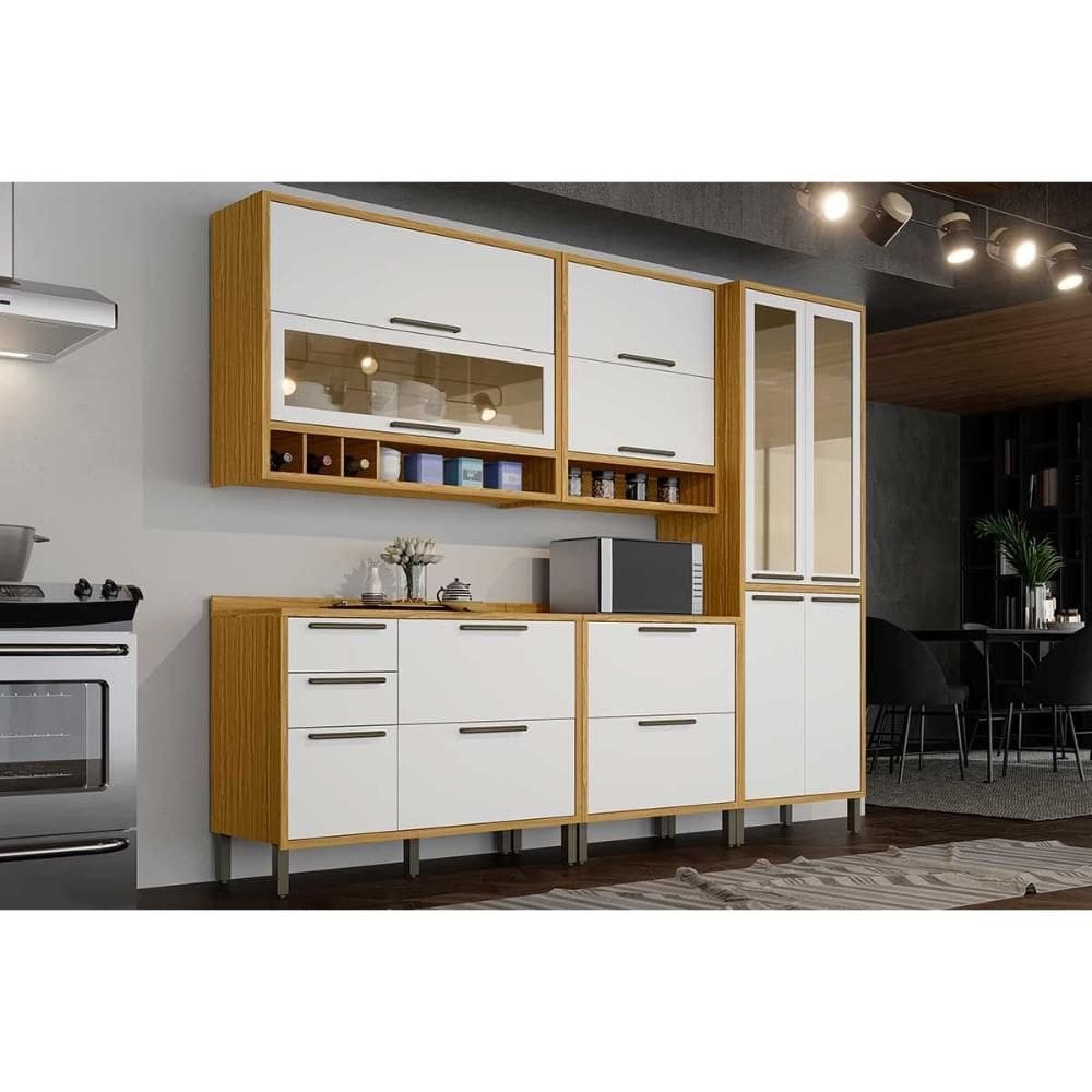 Kit Cozinha Modulada 5 Peças Syrah (2Aéreos+2Balcões+1Paneleiro) C5P145 Amendoa/Branco - Ronipa