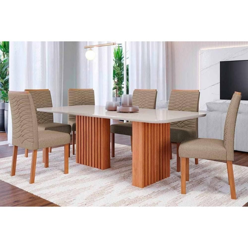 Conjunto: Mesa Sala Jantar Ester Tampo Madeirado c/ Vidro 180x90cm e 6 Cadeiras Clarice Cinamomo/Off White - Carvalho/Suede Joli Capuccino - Cimol