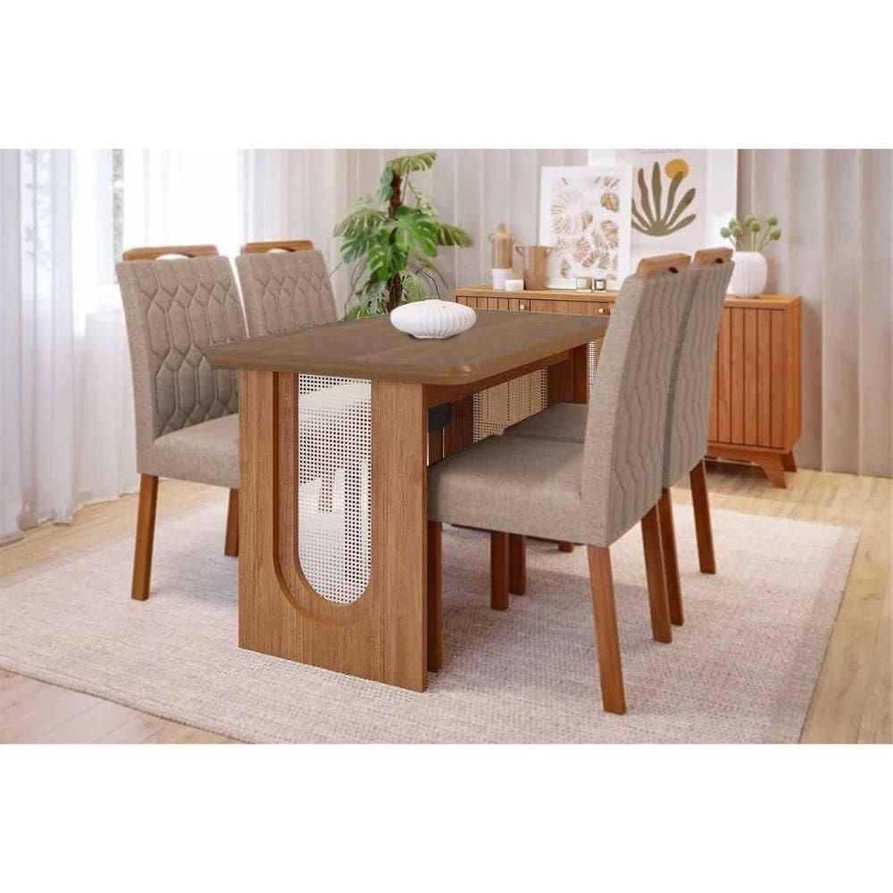 Conjunto: Mesa de Cozinha Valentina c/ Tampo Madeirado 130x80cm e 4 Cadeiras Paola Cinamomo - Carvalho/Suede Joli Capuccino - Cimol
