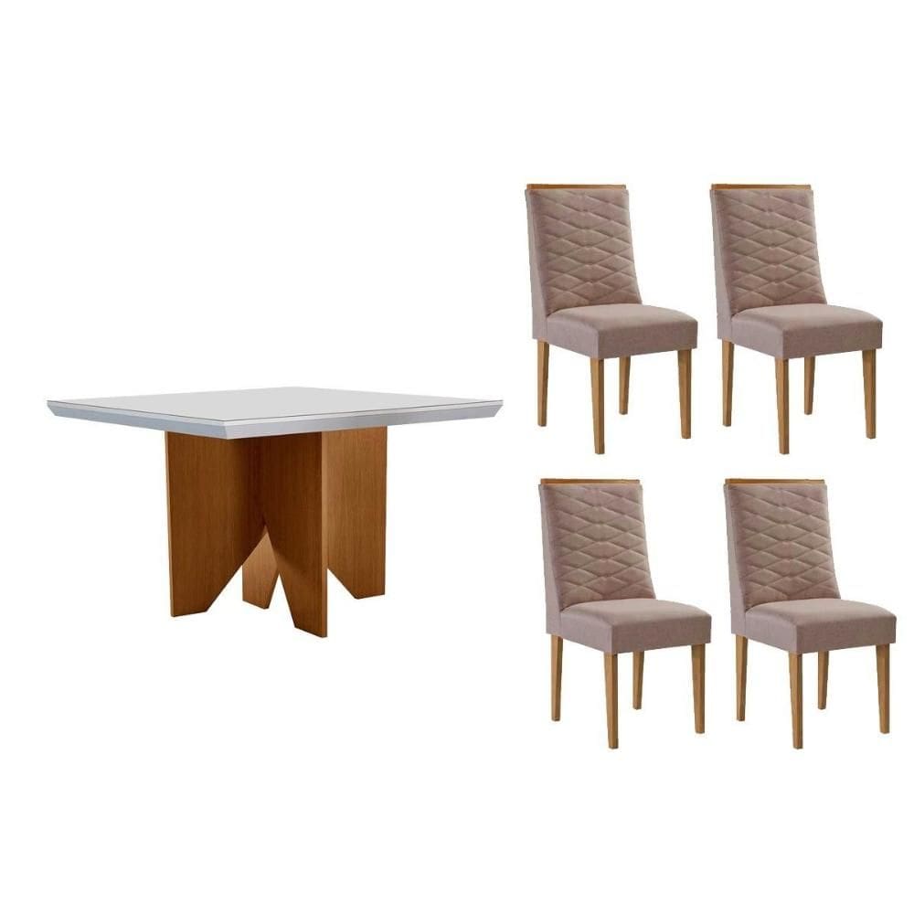 Conjunto: Mesa de Cozinha Nevada c/ Tampo Madeirado c/ Vidro Canto Curvo 90x90cm e 4 Cadeiras Maldivas Naturale/Off White - Linho Capuccino - Rufato