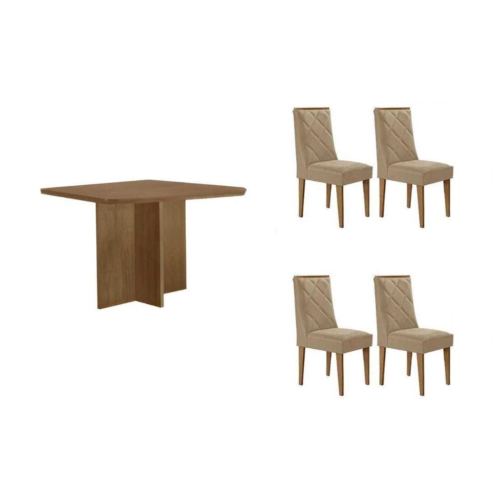 Conjunto: Mesa de Cozinha Berlim c/ Tampo Madeirado Canto Curvo 90x90cm e 4 Cadeiras Pietá Naturale - Suede Creme - Rufato
