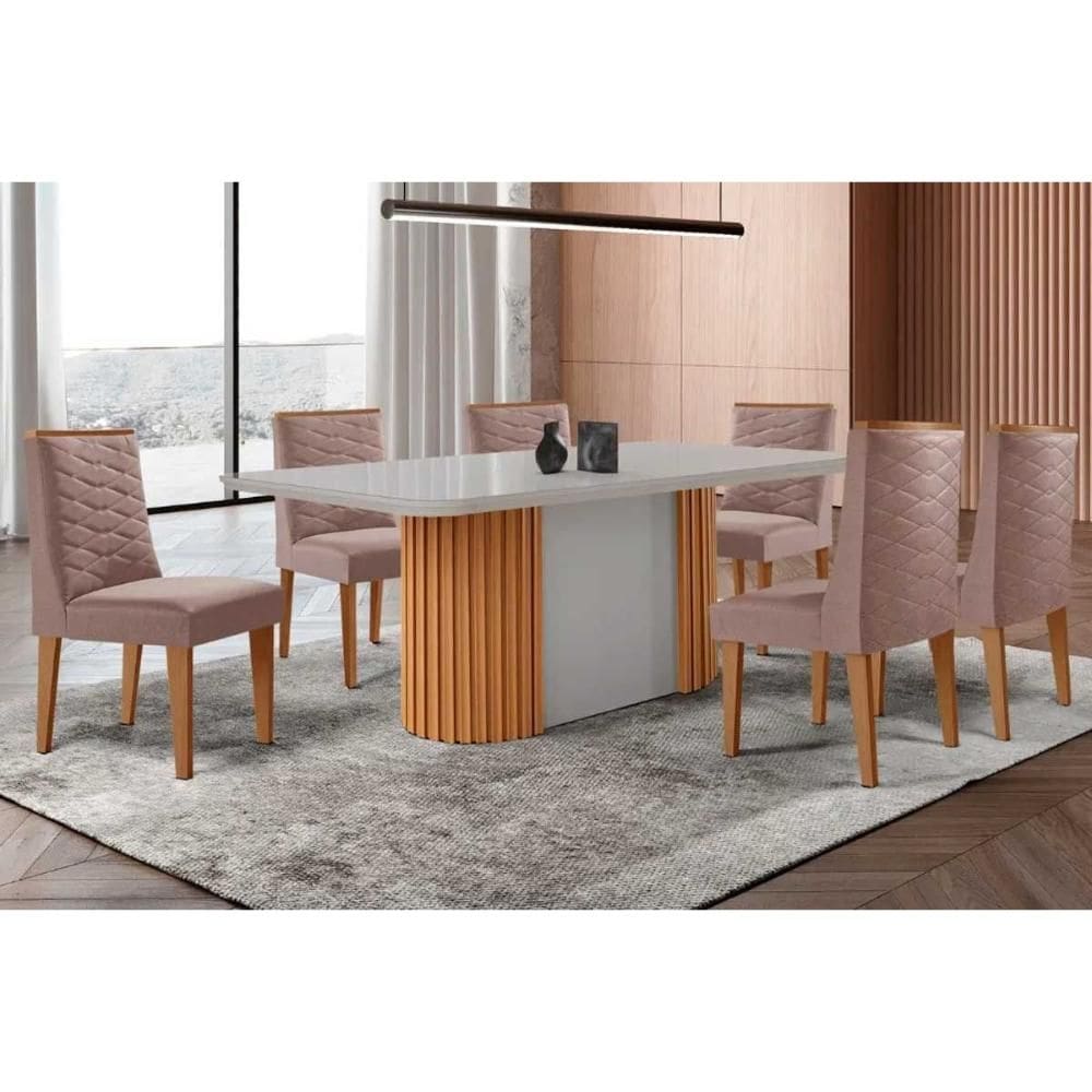 Conjunto: Mesa de Cozinha Pilar c/ Tampo Madeirado c/ Vidro Canto Curvo 180x90cm e 6 Cadeiras Dafne Naturale/Off White - Linho Capuccino - Rufato