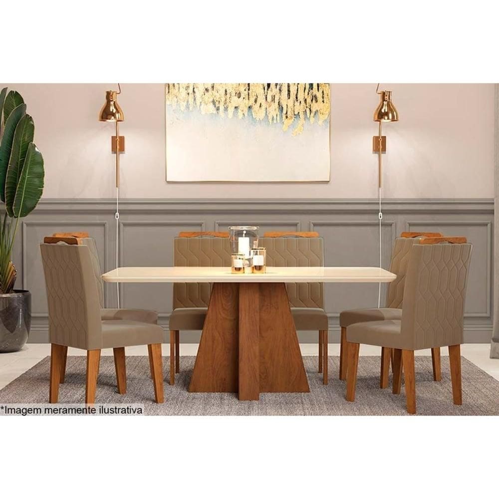 Mesa Cozinha Maitê Tampo Madeirado c/ Vidro Canto Curvo 160x80cm e 6 Cadeiras Paola Savana-Nature-Madeirado/Off White -Velud-Cimol