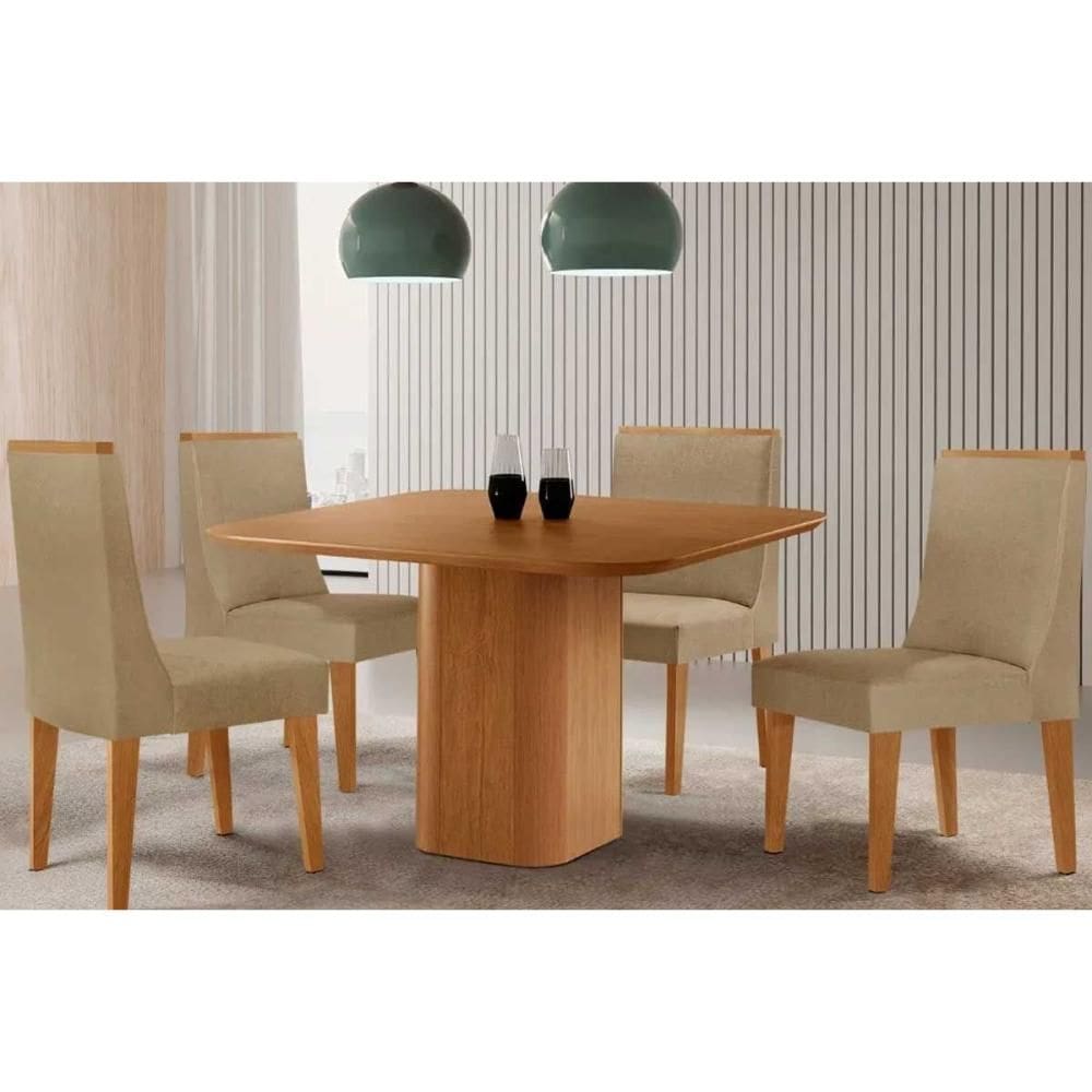Conjunto: Mesa de Cozinha Maldivas c/ Tampo Madeirado Canto Curvo 90x90cm e 4 Cadeiras Dakota Naturale - Linho Bege - Rufato