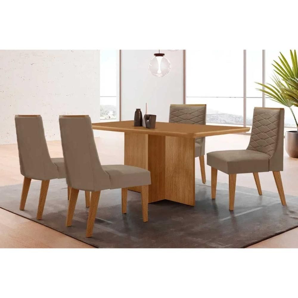 Conjunto: Mesa de Cozinha Berlim c/ Tampo Madeirado Canto Curvo 120x80cm e 4 Cadeiras Maldivas Naturale - Suede Capuccino - Rufato