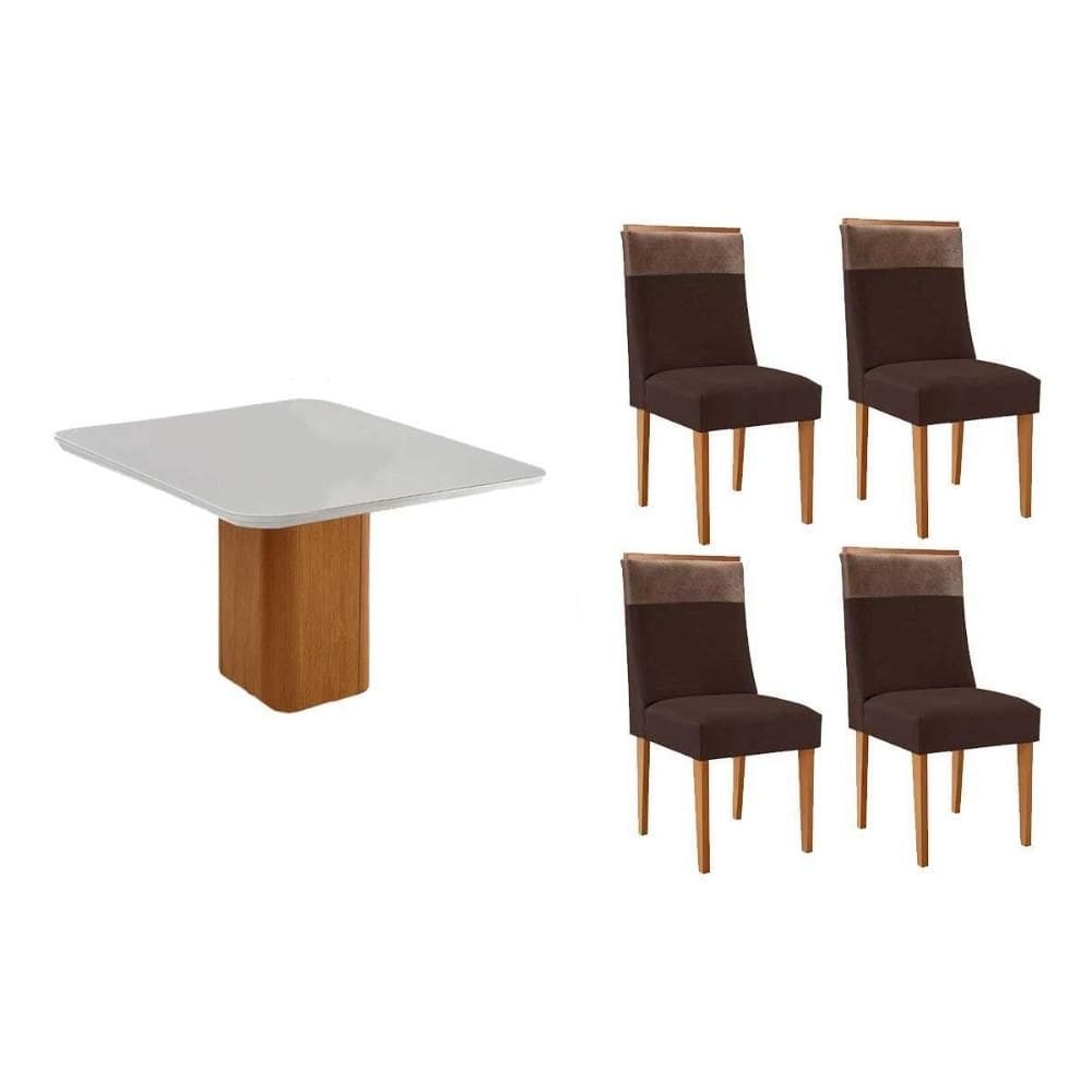 Conjunto: Mesa de Cozinha Maldivas c/ Tampo Madeirado c/ Vidro Canto Curvo 90x90cm e 4 Cadeiras Jaspe Naturale/Off White - Suede Marrom - Rufato