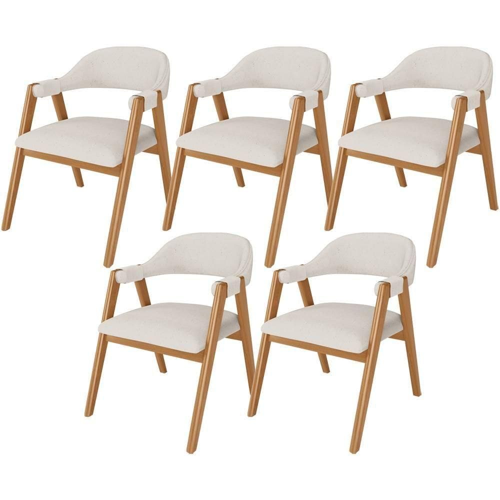 Kit 05 Cadeiras De Jantar E Estar Living Estofada Nadja L02 Linho Cru - Lyam Decor