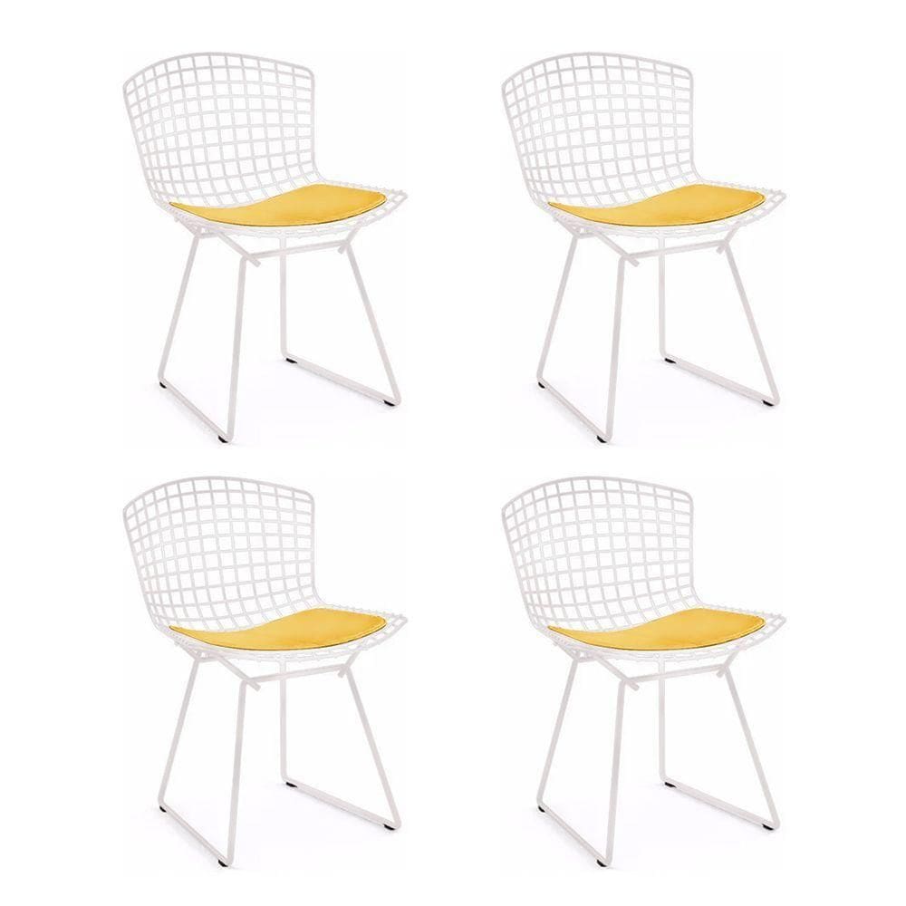 Kit 4 Cadeiras Bertoia Branca Com Assento Amarelo