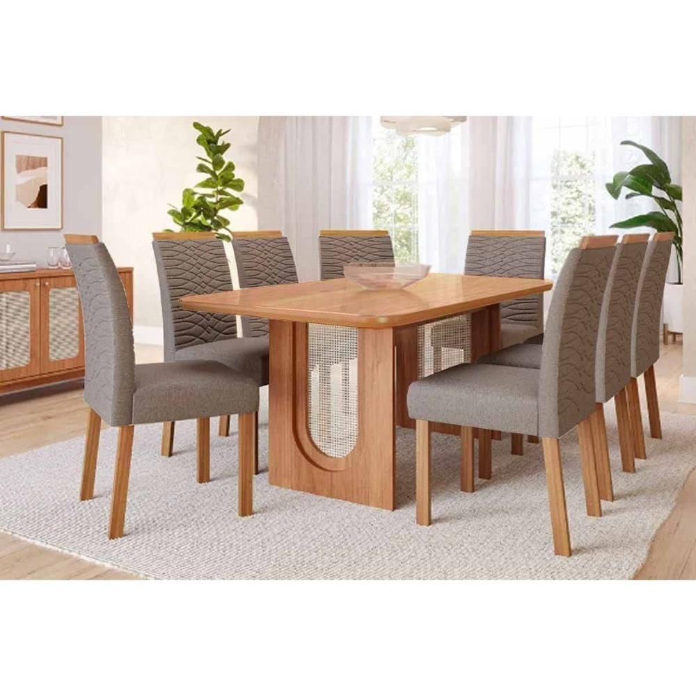 Conjunto: Mesa Sala Jantar Valentina c/ Tampo Madeirado 210x100cm e 8 Cadeiras Clarice Cinamomo - Carvalho/Linho Bege - Cimol
