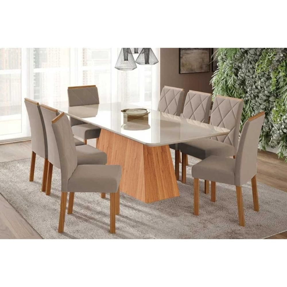 Conjunto: Mesa Sala Jantar Helena Tampo Madeirado c/ Vidro 210x100cm e 8 Cadeiras Fernanda Cinamomo/Off White - Carvalho/Suede Joli Capuccino - Cimol