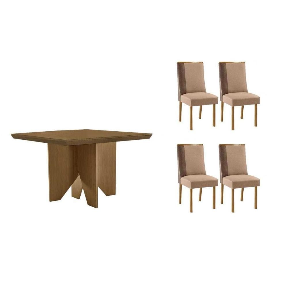 Conjunto: Mesa de Cozinha Nevada c/ Tampo Madeirado Canto Curvo 90x90cm e 4 Cadeiras Tilia Naturale - Linho Capuccino - Rufato