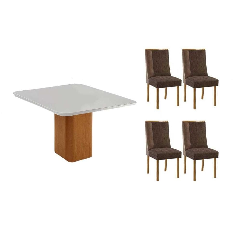 Conjunto: Mesa de Cozinha Maldivas c/ Tampo Madeirado c/ Vidro Canto Curvo 90x90cm e 4 Cadeiras Tilia Naturale/Off White - Suede Marrom - Rufato