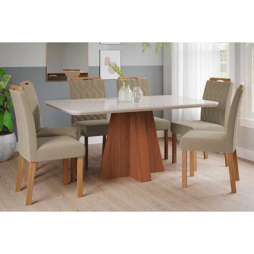 Conjunto: Mesa de Cozinha Maitê Tampo Madeirado c/ Vidro 160x80cm e 6 Cadeiras Paola Cinamomo/Off White - Carvalho/Linho Bege - Cimol