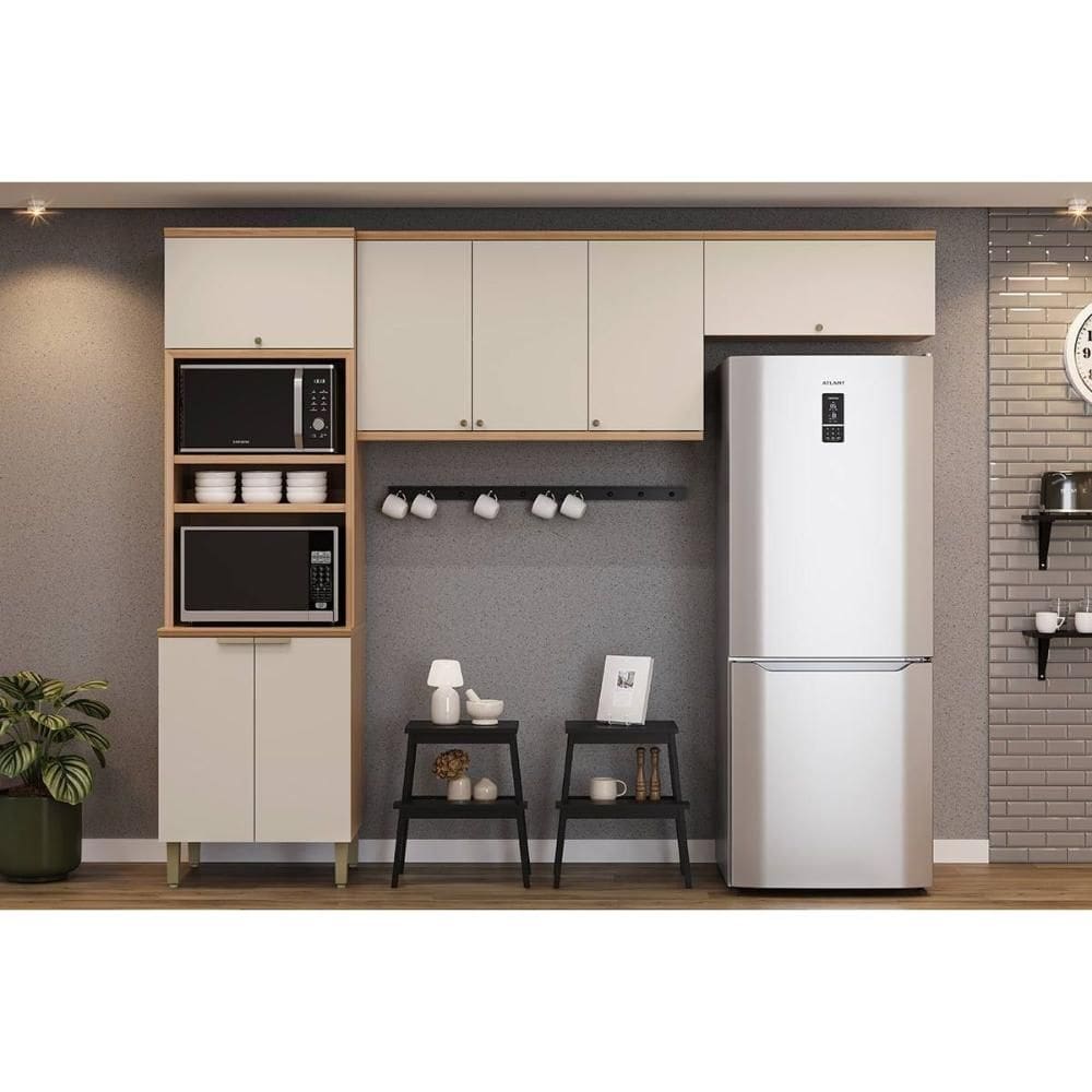 Cozinha Modulada Completa Selene 3 Peças (2Aéreos+1TorreQuente) CP14 Jequitiba/Off White Fosco - Linea Brasil