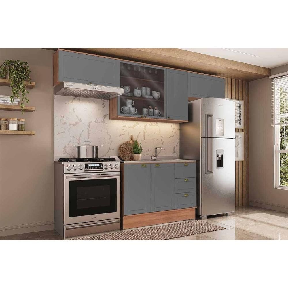Cozinha Modulada Completa Bella 4 Peças (3Aéreos+1Balcão) C4P174 Nogal/Cinza - Carraro