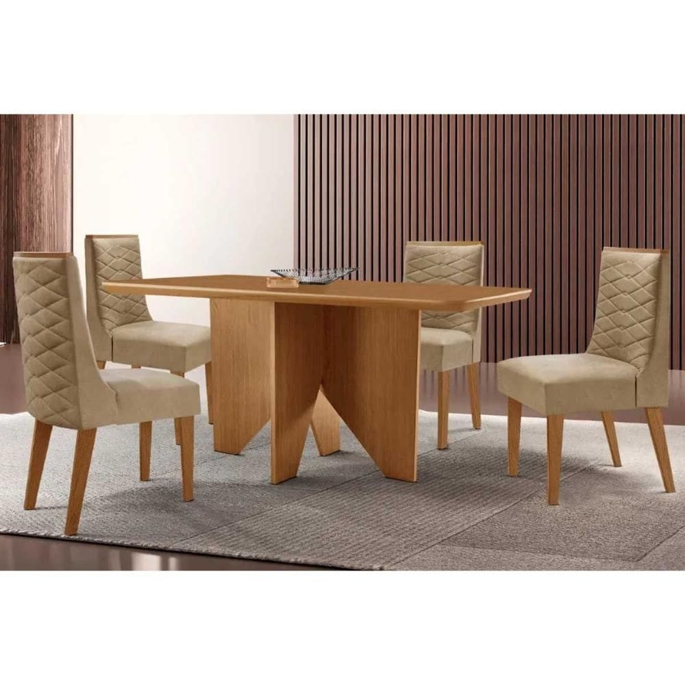Conjunto: Mesa de Cozinha Nevada c/ Tampo Madeirado Canto Curvo 120x80cm e 4 Cadeiras Dafne Naturale - Linho Bege - Rufato