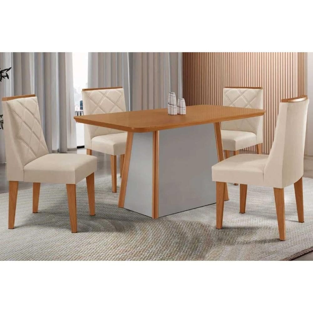 Conjunto: Mesa de Cozinha Tilia c/ Tampo Madeirado Canto Curvo 120x80cm e 4 Cadeiras Pietá Naturale/Off White - Suede Creme - Rufato