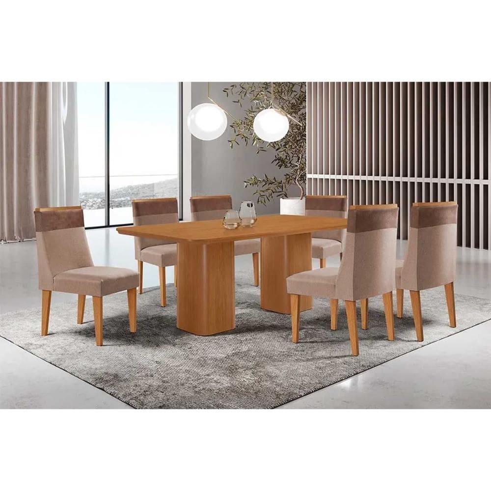 Conjunto: Mesa de Cozinha Maldivas c/ Tampo Madeirado Canto Curvo 180x90cm e 6 Cadeiras Jaspe Naturale - Suede Capuccino - Rufato