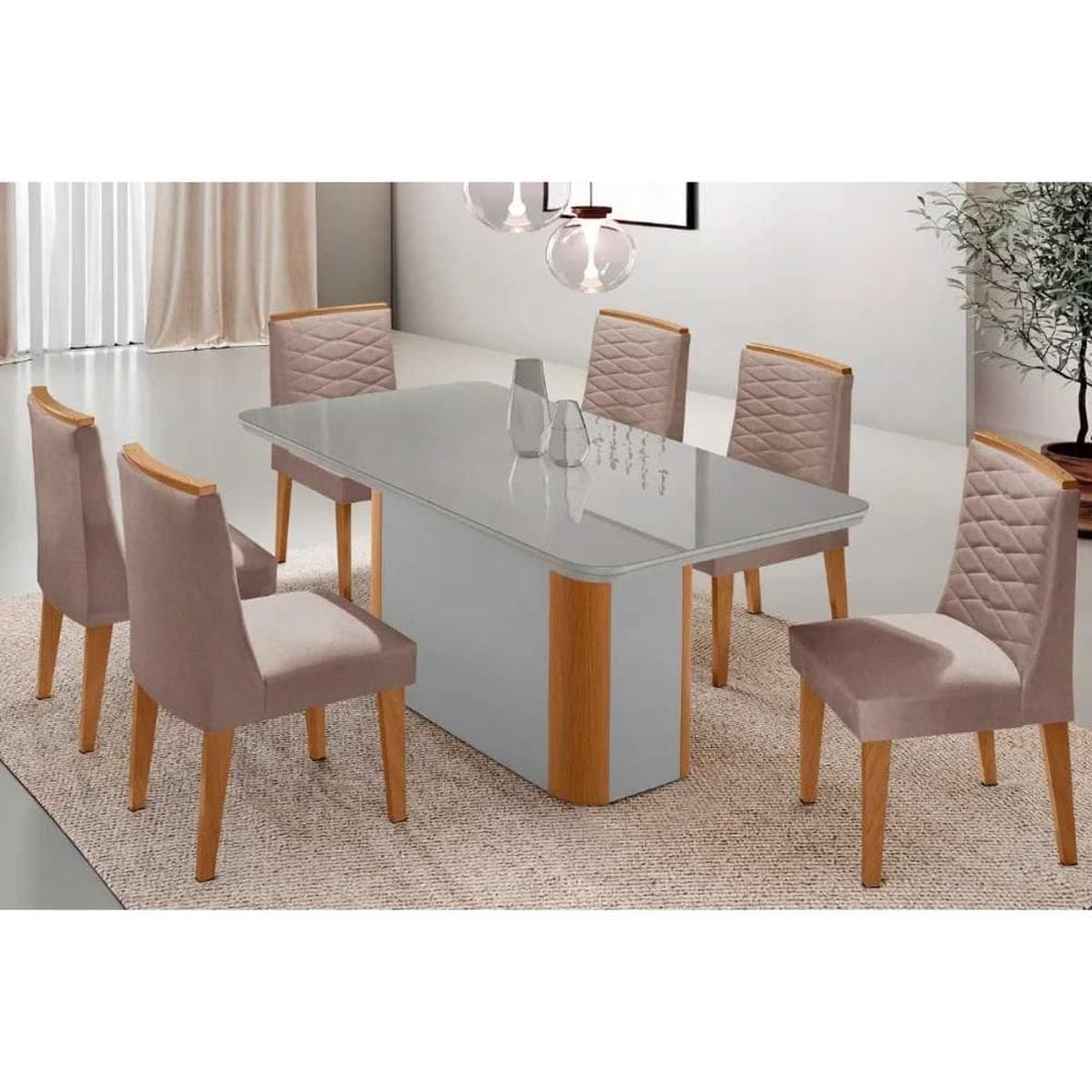 Conjunto: Mesa de Cozinha Pietá c/ Tampo Madeirado c/ Vidro Canto Curvo 180x90cm e 6 Cadeiras Maldivas Naturale/Off White - Linho Capuccino - Rufato