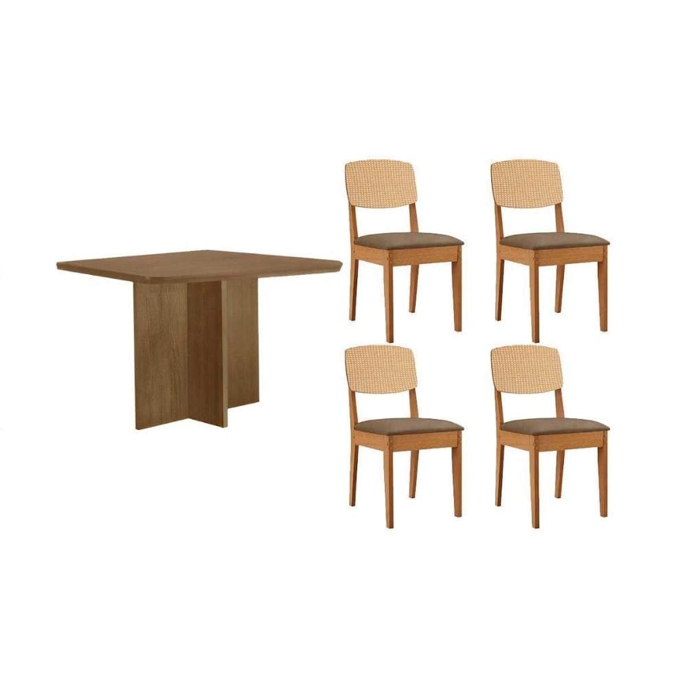 Conjunto: Mesa de Cozinha Berlim c/ Tampo Madeirado Canto Curvo 90x90cm e 4 Cadeiras Havana Premium Naturale - Suede Capuccino - Rufato