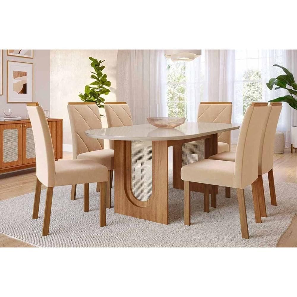 Mesa Cozinha Valentina Tampo Madeirado Oval c/ Vidro 210x100cm e 6 Cadeiras Fernanda Cinamomo/Off White - Carvalho/Suede Nude Bege-Cimol