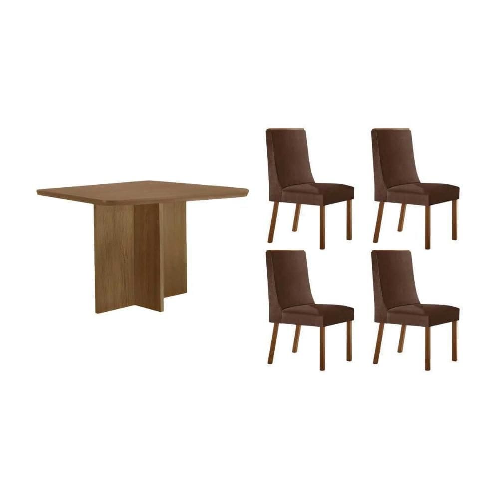 Conjunto: Mesa de Cozinha Berlim c/ Tampo Madeirado Canto Curvo 90x90cm e 4 Cadeiras Dakota Naturale - Suede Marrom - Rufato