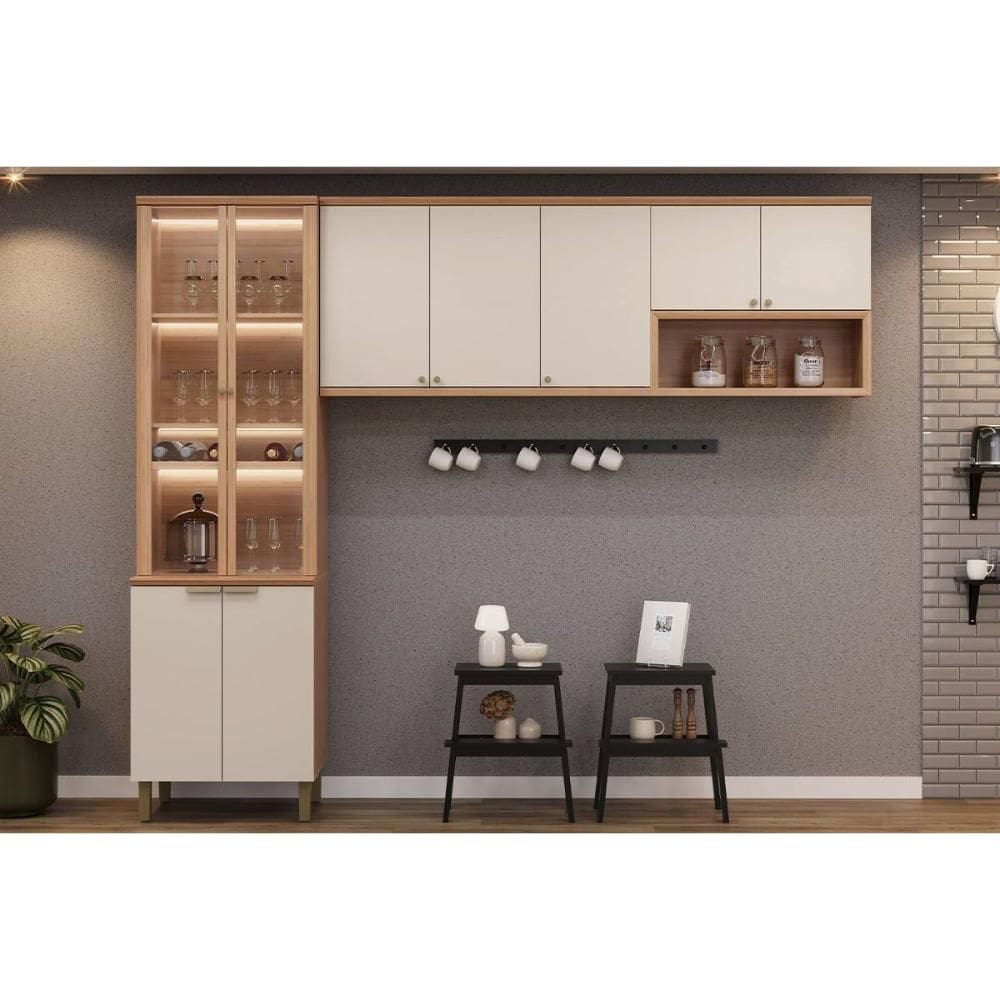 Cozinha Modulada Completa Selene 3 Peças (2Aéreos+1Cristaleira) CP15 Jequitiba/Off White Fosco - Linea Brasil