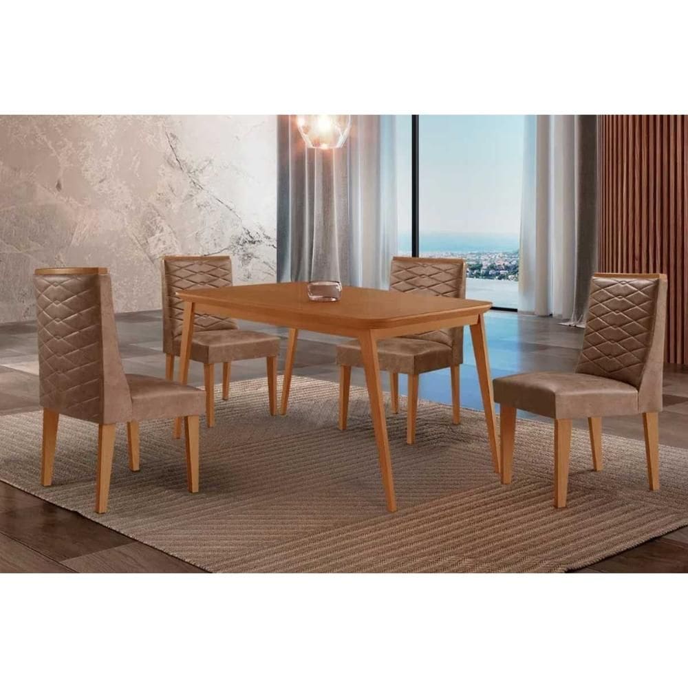 Conjunto: Mesa de Cozinha Havana c/ Tampo Madeirado Canto Curvo 120x80cm e 4 Cadeiras Dafne Naturale - Corano Capuccino - Rufato