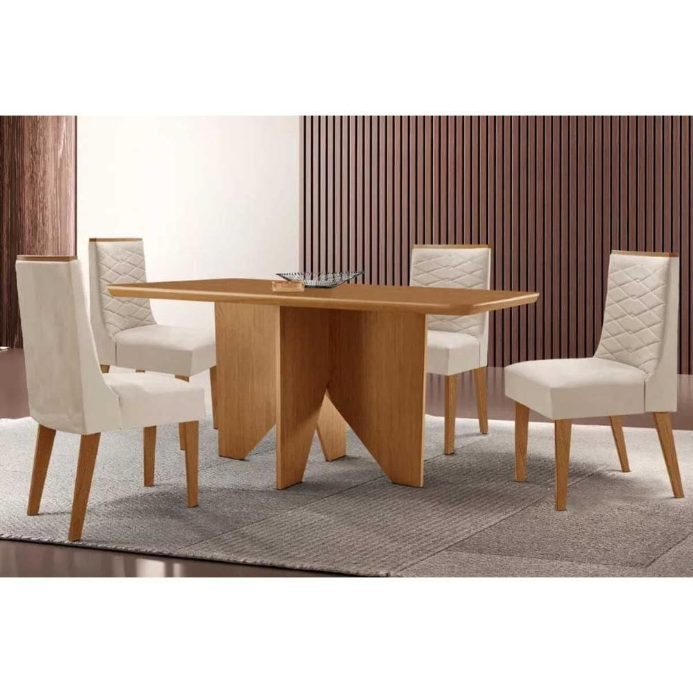 Conjunto: Mesa de Cozinha Nevada c/ Tampo Madeirado Canto Curvo 120x80cm e 4 Cadeiras Maldivas Naturale - Suede Creme - Rufato