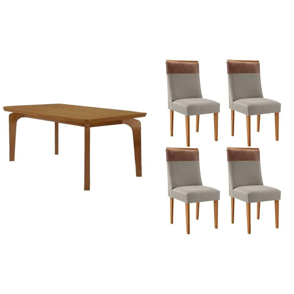 Conjunto: Mesa de Cozinha Londrina c/ Tampo Madeirado Canto Curvo 120x80cm e 4 Cadeiras Jaspe Naturale - Suede Capuccino - Rufato
