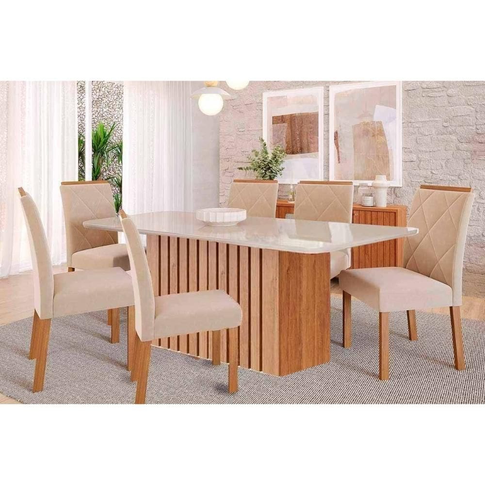 Conjunto: Mesa de Cozinha Ana Tampo Madeirado c/ Vidro 180x90cm e 6 Cadeiras Fernanda Cinamomo/Off White - Carvalho/Suede Nude Bege - Cimol