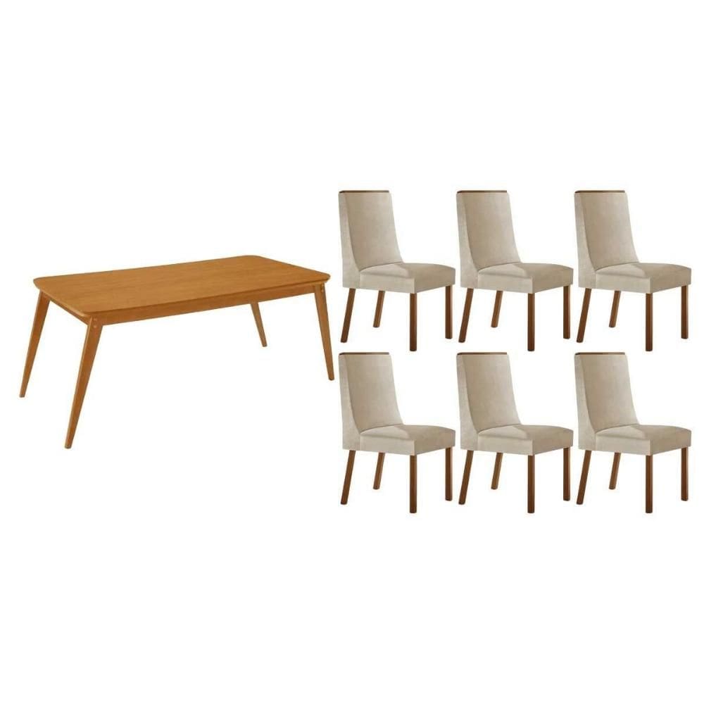 Conjunto: Mesa de Cozinha Havana c/ Tampo Madeirado Canto Curvo 180x90cm e 6 Cadeiras Dakota Naturale - Suede Creme - Rufato