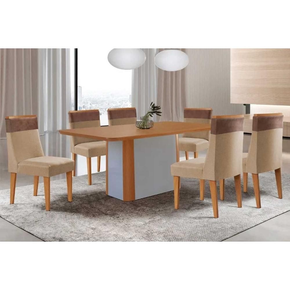 Conjunto: Mesa de Cozinha Pietá c/ Tampo Madeirado Canto Curvo 180x90cm e 6 Cadeiras Jaspe Naturale/Off White - Linho Bege - Rufato