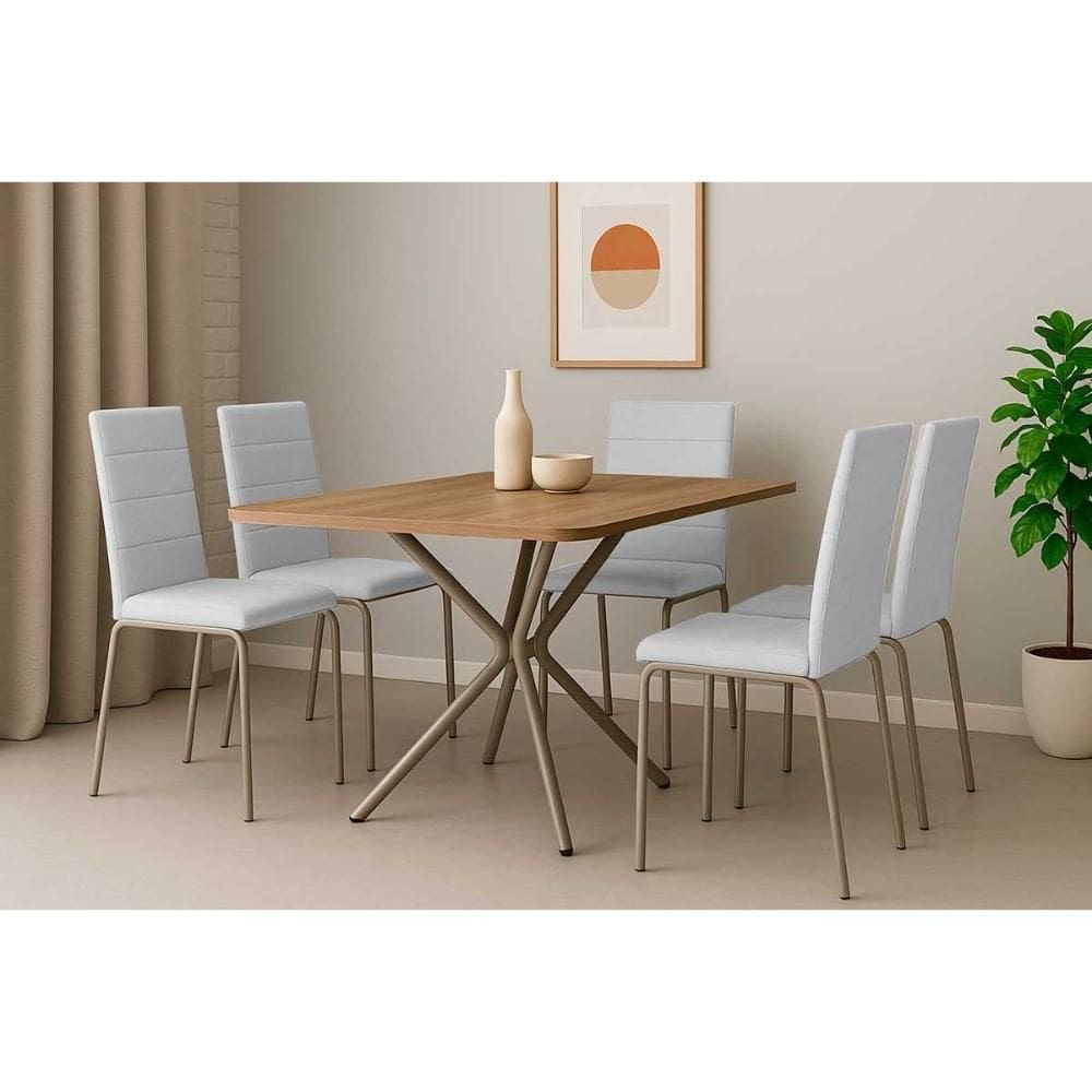 Conjunto: Mesa Sala Jantar Loire c/ Tampo de Madeira 1.60cm + 6 Cadeiras Amsterdã Niquel/Branco 106 - Kappesberg