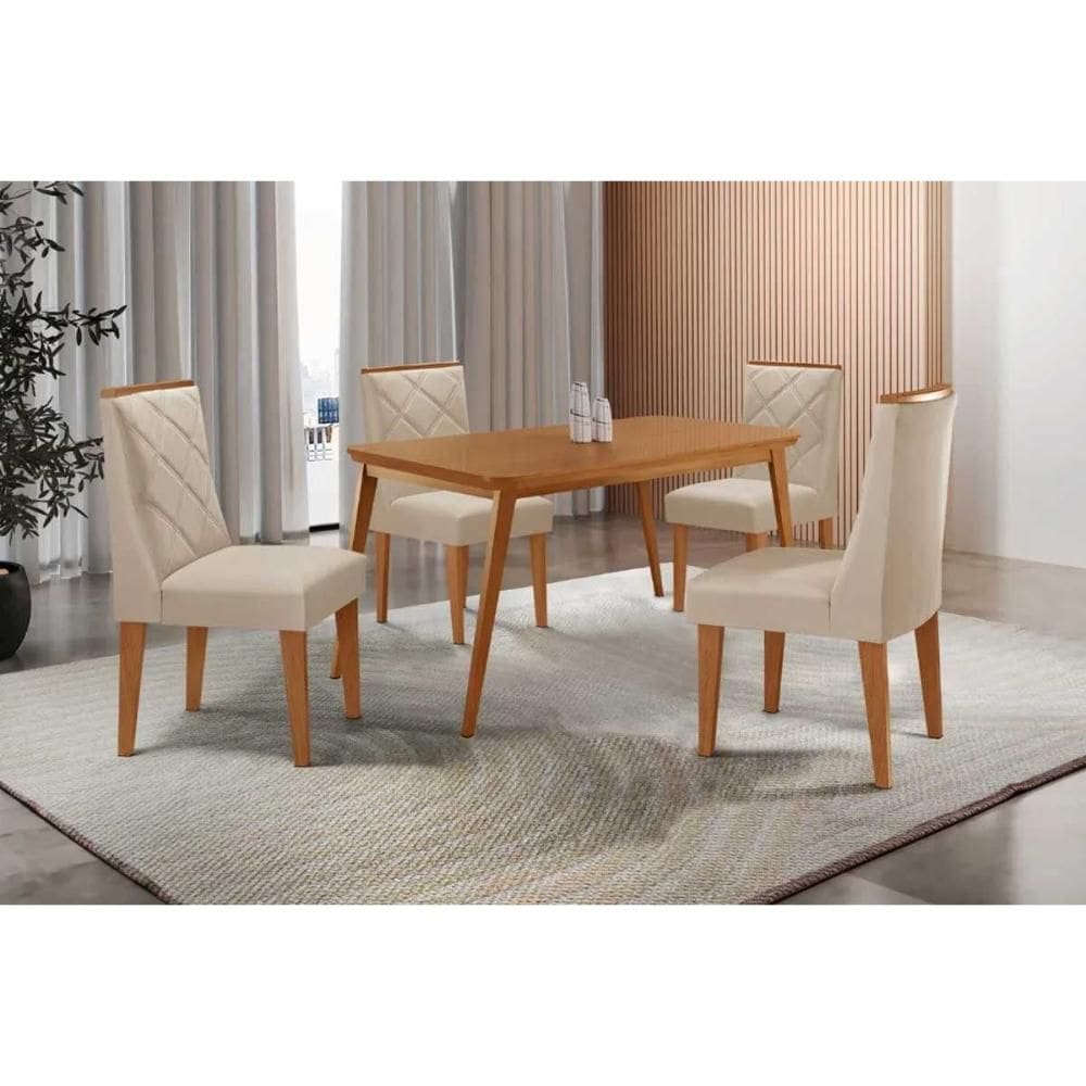 Conjunto: Mesa de Cozinha Havana c/ Tampo Madeirado Canto Curvo 120x80cm e 4 Cadeiras Pietá Naturale - Suede Creme - Rufato