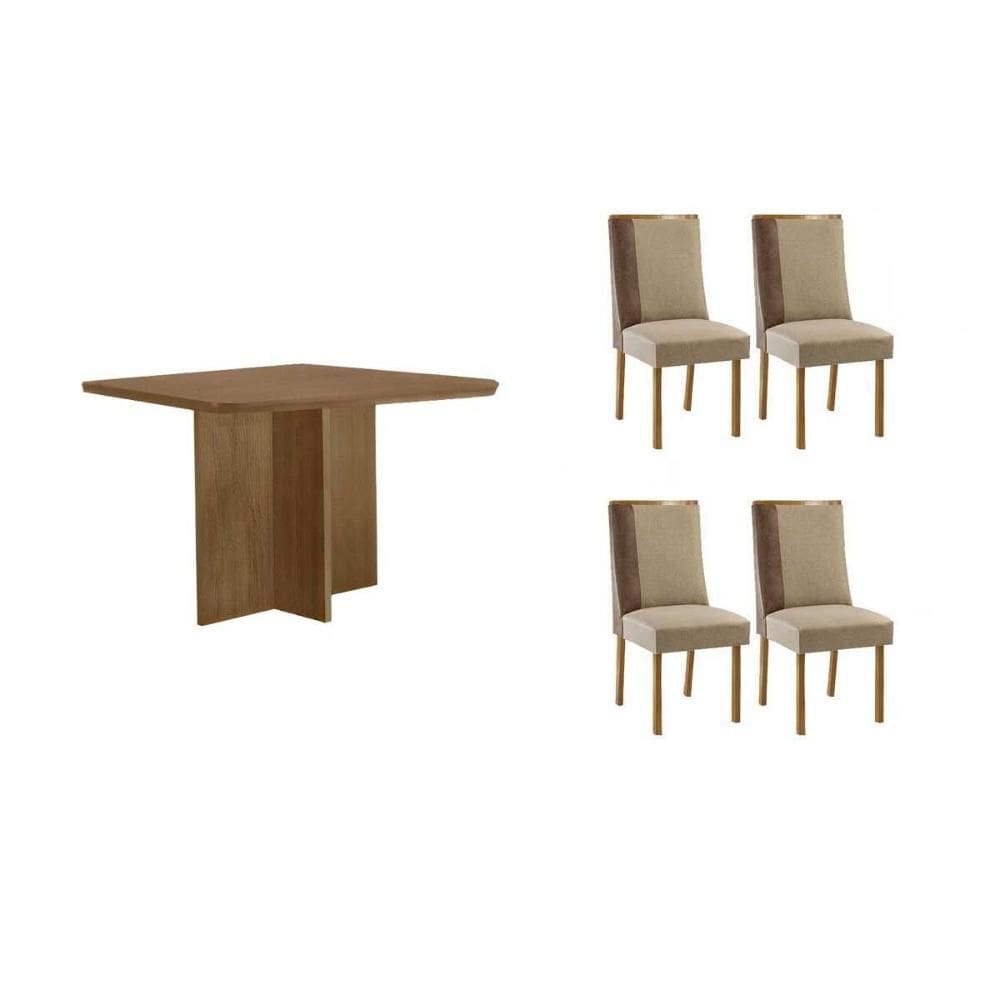 Conjunto: Mesa de Cozinha Berlim c/ Tampo Madeirado Canto Curvo 90x90cm e 4 Cadeiras Tilia Naturale - Suede Creme - Rufato